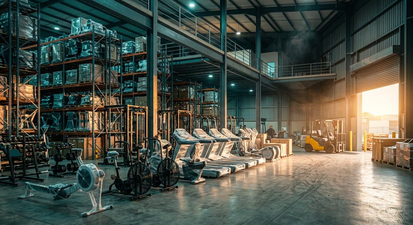 Matrix Fitness South Africa fulfilment centre with commercial gym equipment staged for dispatch