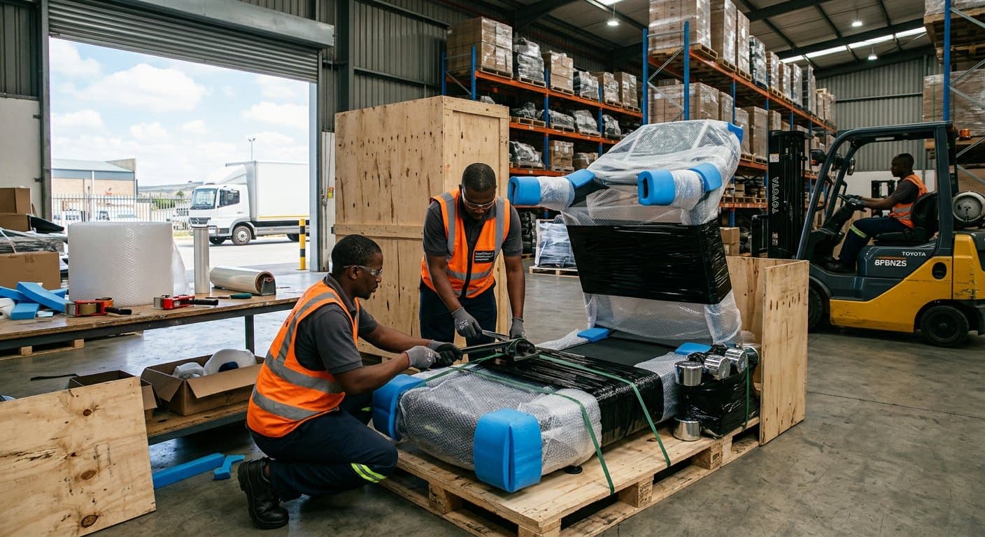 Warehouse staff strapping foam-protected gym equipment into protective packaging for insured courier dispatch