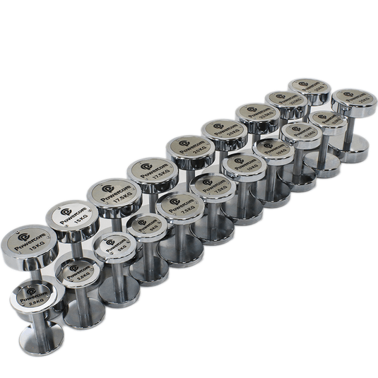 Powercore Chrome Electroplated Steel Dumbbell Set - 10 Pairs (2.5kg-25kg) available at Veltron Fitness
