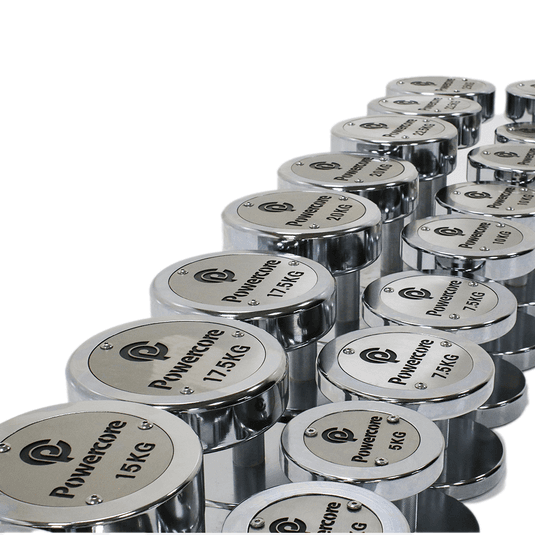 Powercore Chrome Electroplated Steel Dumbbell Set - 10 Pairs (2.5kg-25kg), additional view 2 available at Veltron Fitness
