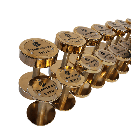 Powercore Rose Gold Electroplated Steel Dumbbell Set - 12 Pairs (2.5kg-30kg) available at Veltron Fitness