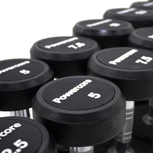 Powercore Round Rubber Dumbbell Set - 10 Pairs (2.5kg-25kg), additional view 2 available at Veltron Fitness