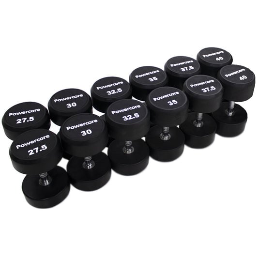 Powercore Round Rubber Dumbbell Set - 6 Pairs (27.5kg-40kg) available at Veltron Fitness